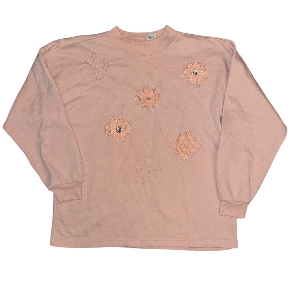 Vintage Precious Knit Pink Embroidered Rhinestone Applique Sweatshirt Large